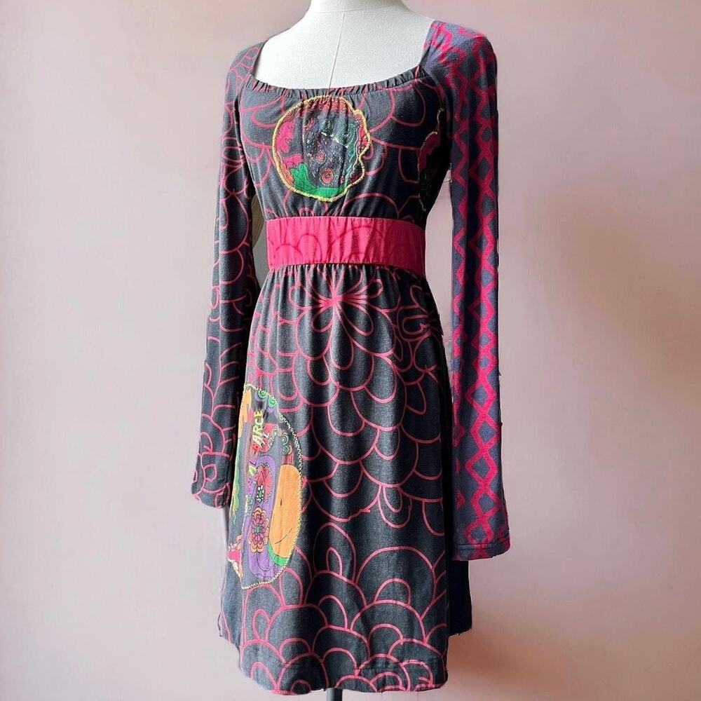 Vintage Y2K Desigual Mini Dress | Graphic Print Long Sleeve Indie Sleaze | XS/S